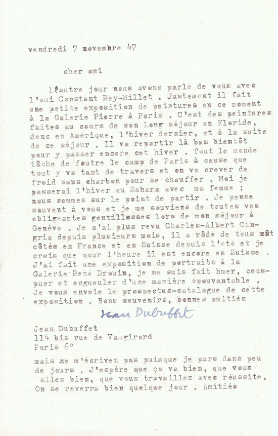 Lettre de Jean Dubuffet à Paul Monnier