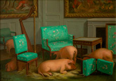 <em>Les porcs</em>, 65x92 cm, huile sur pavatex, 1945.