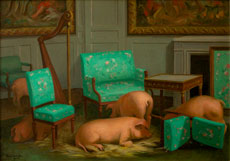 <em>Les porcs</em>, 65x92 cm, huile sur pavatex, 1945.
